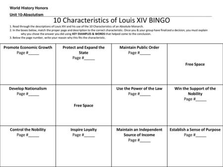 10 Characteristics of Louis XIV BINGO