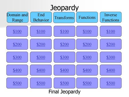 Jeopardy Final Jeopardy Domain and Range End Behavior Transforms