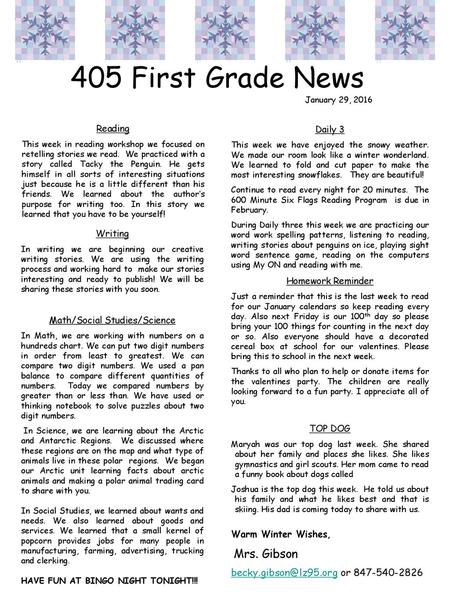 405 First Grade News January 29, 2016