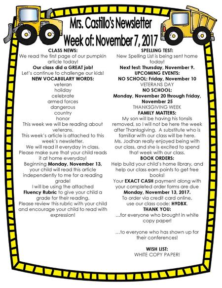 Mrs. Castillo's Newsletter Week of: November 7, 2017