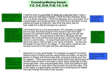 Exceeding/Meeting Sample F-E, O-E, El-M, Fl-M, V-E, C-M