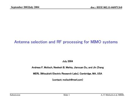 Antenna selection and RF processing for MIMO systems