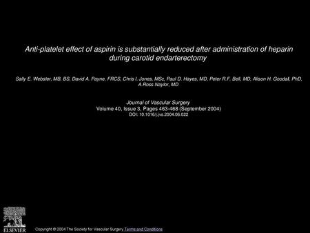 Anti-platelet effect of aspirin is substantially reduced after administration of heparin during carotid endarterectomy  Sally E. Webster, MB, BS, David.