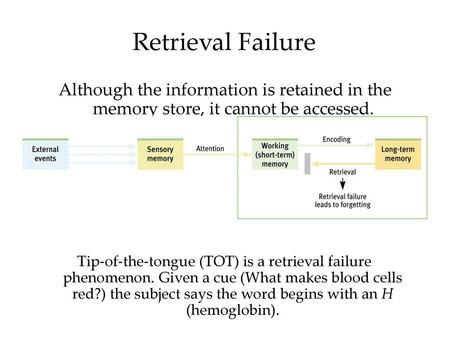 Retrieval Failure Although the information is retained in the memory store, it cannot be accessed. Tip-of-the-tongue (TOT) is a retrieval failure phenomenon.