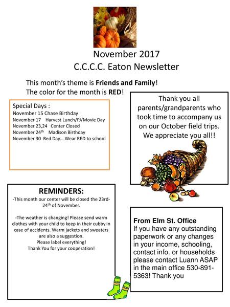 November 2017 C.C.C.C. Eaton Newsletter REMINDERS: 1