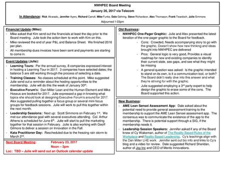 NWHPEC Board Meeting January 26, 2017 via Telecom