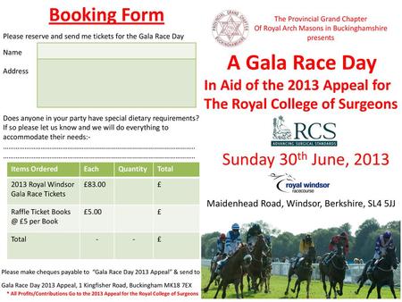 A Gala Race Day Booking Form Sunday 30th June, 2013