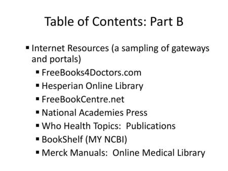 Table of Contents: Part B