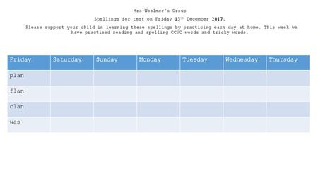 Spellings for test on Friday 15th December 2017.