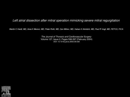 Left atrial dissection after mitral operation mimicking severe mitral regurgitation  Martin C Heidt, MD, Ares K Menon, MD, Peter Roth, MD, Zan Mitrev,