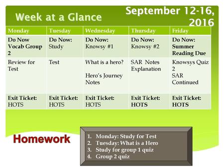 Homework September 12-16, 2016 Week at a Glance Monday Tuesday