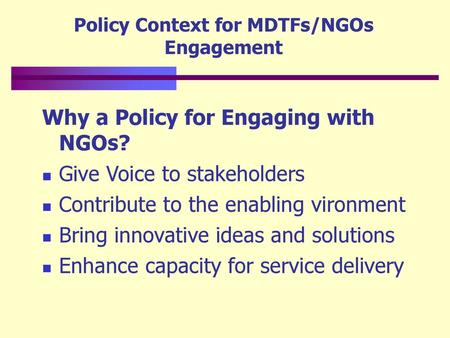 Policy Context for MDTFs/NGOs Engagement