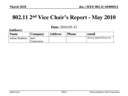 nd Vice Chair’s Report - May 2010