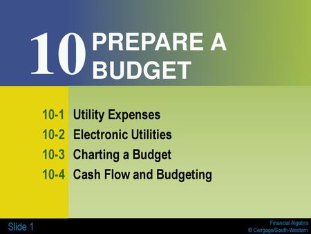 10 PREPARE A BUDGET 10-1 Utility Expenses 10-2 Electronic Utilities