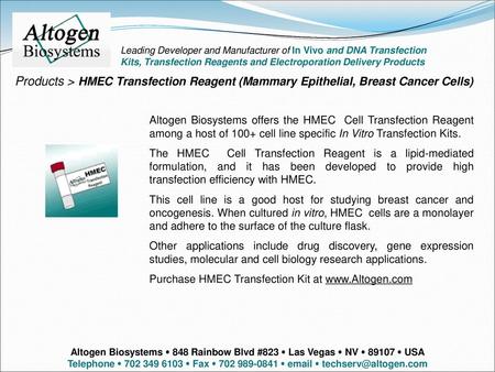 Altogen labs Leading Developer and Manufacturer of In Vivo and DNA Transfection Kits, Transfection Reagents and Electroporation Delivery Products Products.