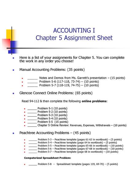 ACCOUNTING I Chapter 5 Assignment Sheet