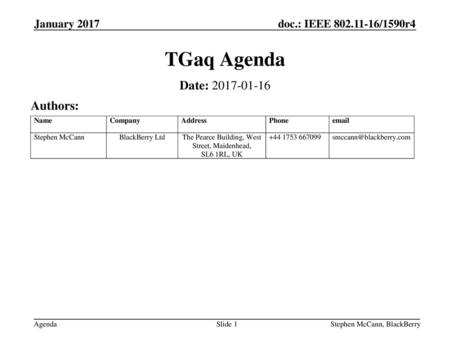 TGaq Agenda Date: Authors: January 2017 January 2017