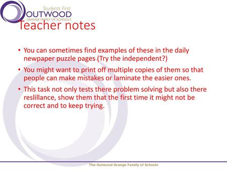 Teacher notes You can sometimes find examples of these in the daily newpaper puzzle pages (Try the independent?) You might want to print off multiple.