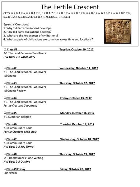 The Fertile Crescent CCCS: 6.2.8.A.2.a, 6.2.8.A.2.b, 6.2.8.A.2.c, 6.2.8.B.2.a, 6.2.8.B.2.b, 6.2.8.C.2.a, 6.2.8.D.2.a, 6.2.8.D.2.b, 6.2.8.D.2.c, 6.2.8.D.2.d,