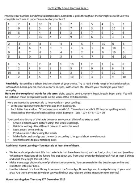 Fortnightly home learning Year 3