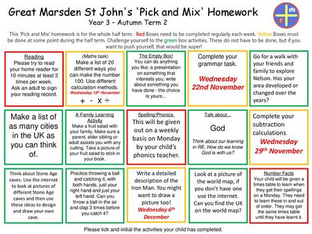 Great Marsden St John's 'Pick and Mix' Homework