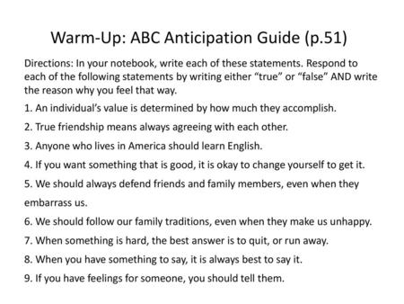 Warm-Up: ABC Anticipation Guide (p.51)