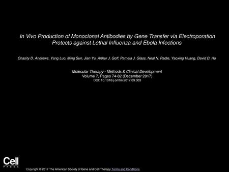 In Vivo Production of Monoclonal Antibodies by Gene Transfer via Electroporation Protects against Lethal Influenza and Ebola Infections  Chasity D. Andrews,