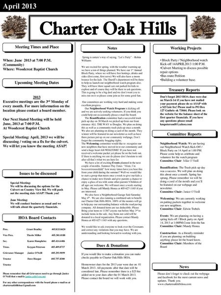 Meeting Times and Place Upcoming Meeting Dates