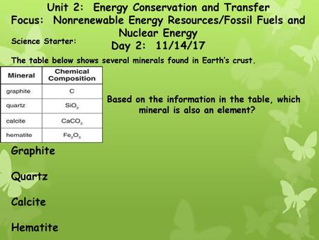 Unit 2: Energy Conservation and Transfer Focus: Nonrenewable Energy Resources/Fossil Fuels and Nuclear Energy Day 2: 11/14/17 Science Starter: The table.