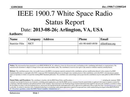 IEEE White Space Radio Status Report