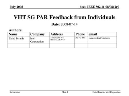 VHT SG PAR Feedback from Individuals