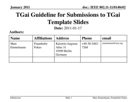 TGai Guideline for Submissions to TGai Template Slides