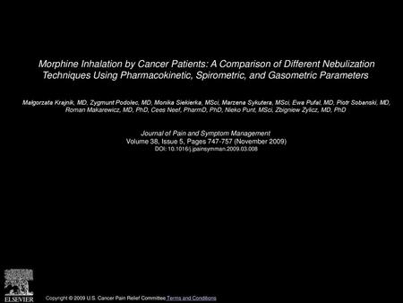 Morphine Inhalation by Cancer Patients: A Comparison of Different Nebulization Techniques Using Pharmacokinetic, Spirometric, and Gasometric Parameters 