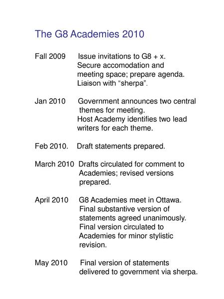 The G8 Academies 2010 Fall 2009 Issue invitations to G8 + x.