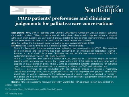 COPD patients’ preferences and clinicians’ judgements for palliative care conversations Background: Only 30% of patients with Chronic Obstructive Pulmonary.