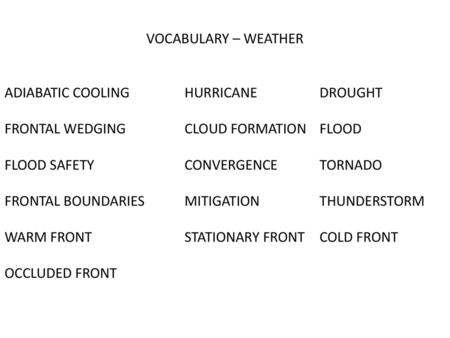 VOCABULARY – WEATHER ADIABATIC COOLING		HURRICANE		DROUGHT