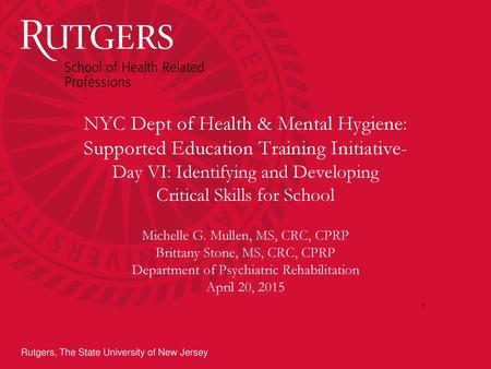 NYC Dept of Health & Mental Hygiene: Supported Education Training Initiative- Day VI: Identifying and Developing Critical Skills for School Michelle G.