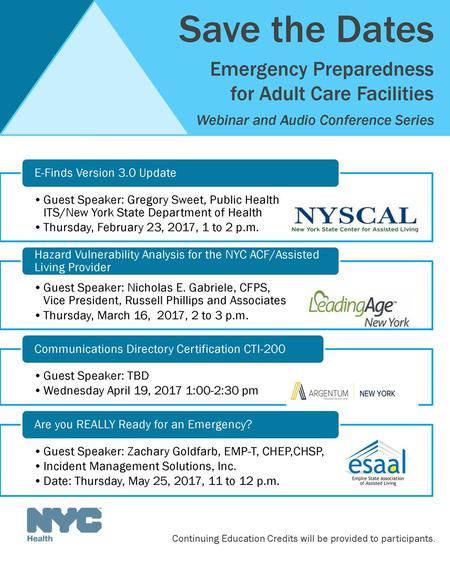 Save the Dates Emergency Preparedness for Adult Care Facilities