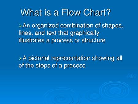 What is a Flow Chart? An organized combination of shapes, lines, and text that graphically illustrates a process or structure A pictorial representation.