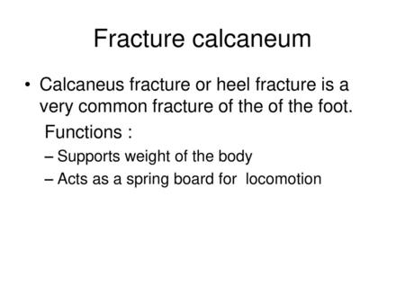 Fracture calcaneum Calcaneus fracture or heel fracture is a very common fracture of the of the foot. Functions : Supports weight of the body Acts as a.