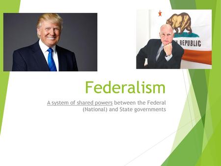 Federalism A system of shared powers between the Federal (National) and State governments.