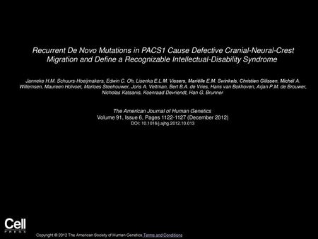 Recurrent De Novo Mutations in PACS1 Cause Defective Cranial-Neural-Crest Migration and Define a Recognizable Intellectual-Disability Syndrome  Janneke H.M.