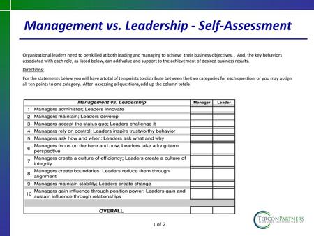 Management vs. Leadership - Self-Assessment