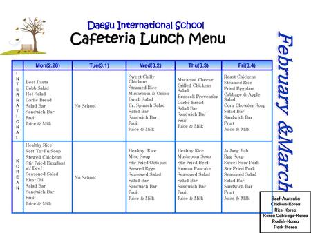 Daegu International School Cafeteria Lunch Menu