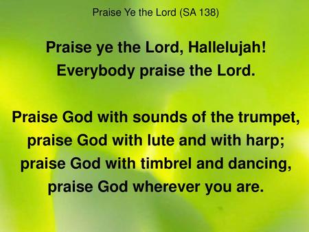 Praise ye the Lord, Hallelujah! Everybody praise the Lord.