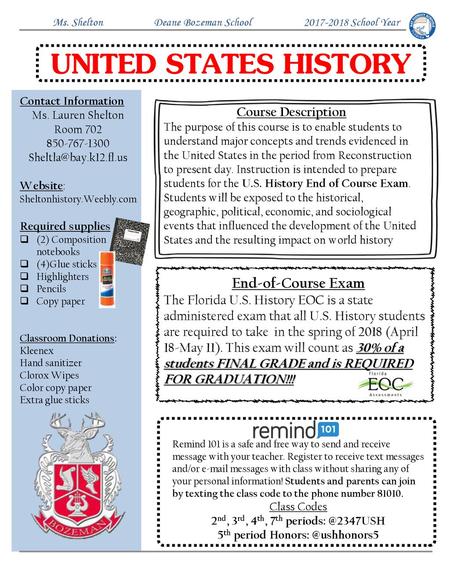 Ms. Shelton Deane Bozeman School School Year United States History