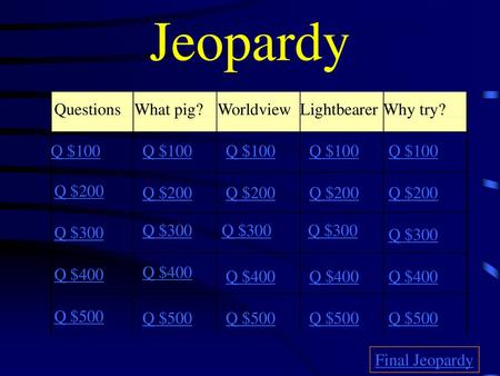 Jeopardy Questions What pig? Worldview Lightbearer Why try? Q $100