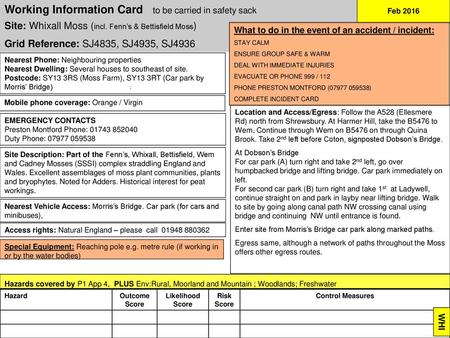 Working Information Card to be carried in safety sack