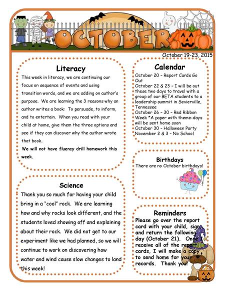 Calendar Literacy Science Reminders Birthdays October 19-23, 2015