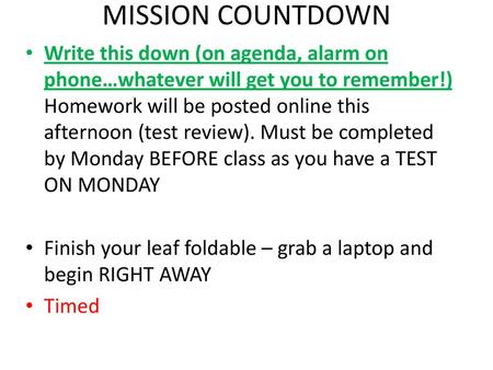 MISSION COUNTDOWN Write this down (on agenda, alarm on phone…whatever will get you to remember!) Homework will be posted online this afternoon (test review).